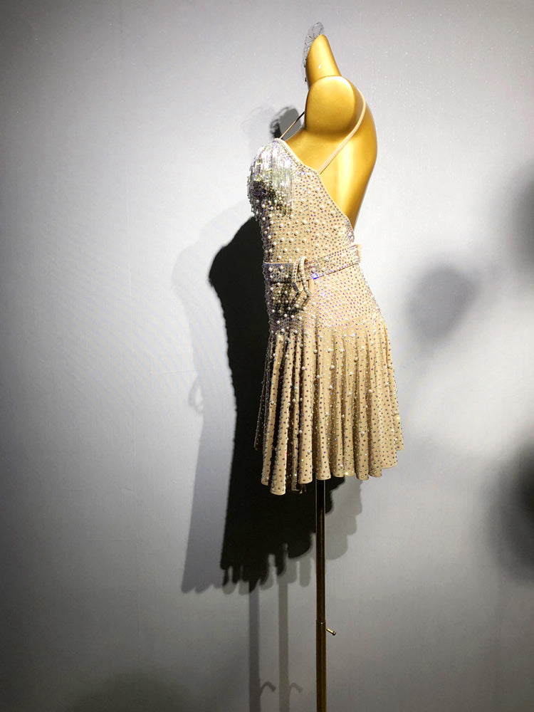 Champagne Sparkly Salsa Dance Dress Champagne with Rhinestone Belt and Pleated Skirt – Latin Dance Costumes