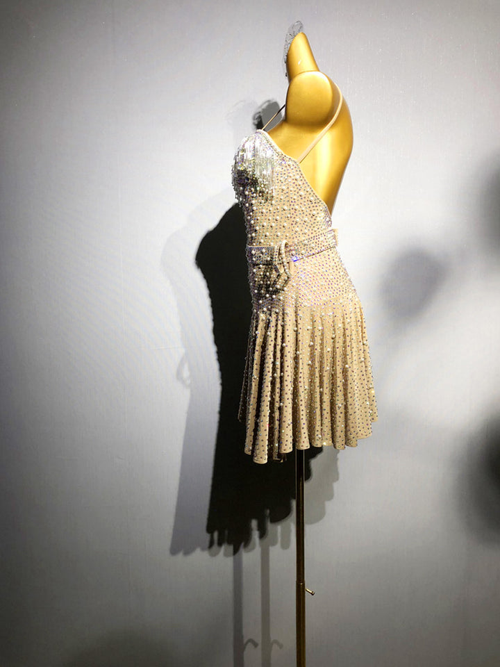 Champagne Sparkly Salsa Dance Dress Champagne with Rhinestone Belt and Pleated Skirt – Latin Dance Costumes