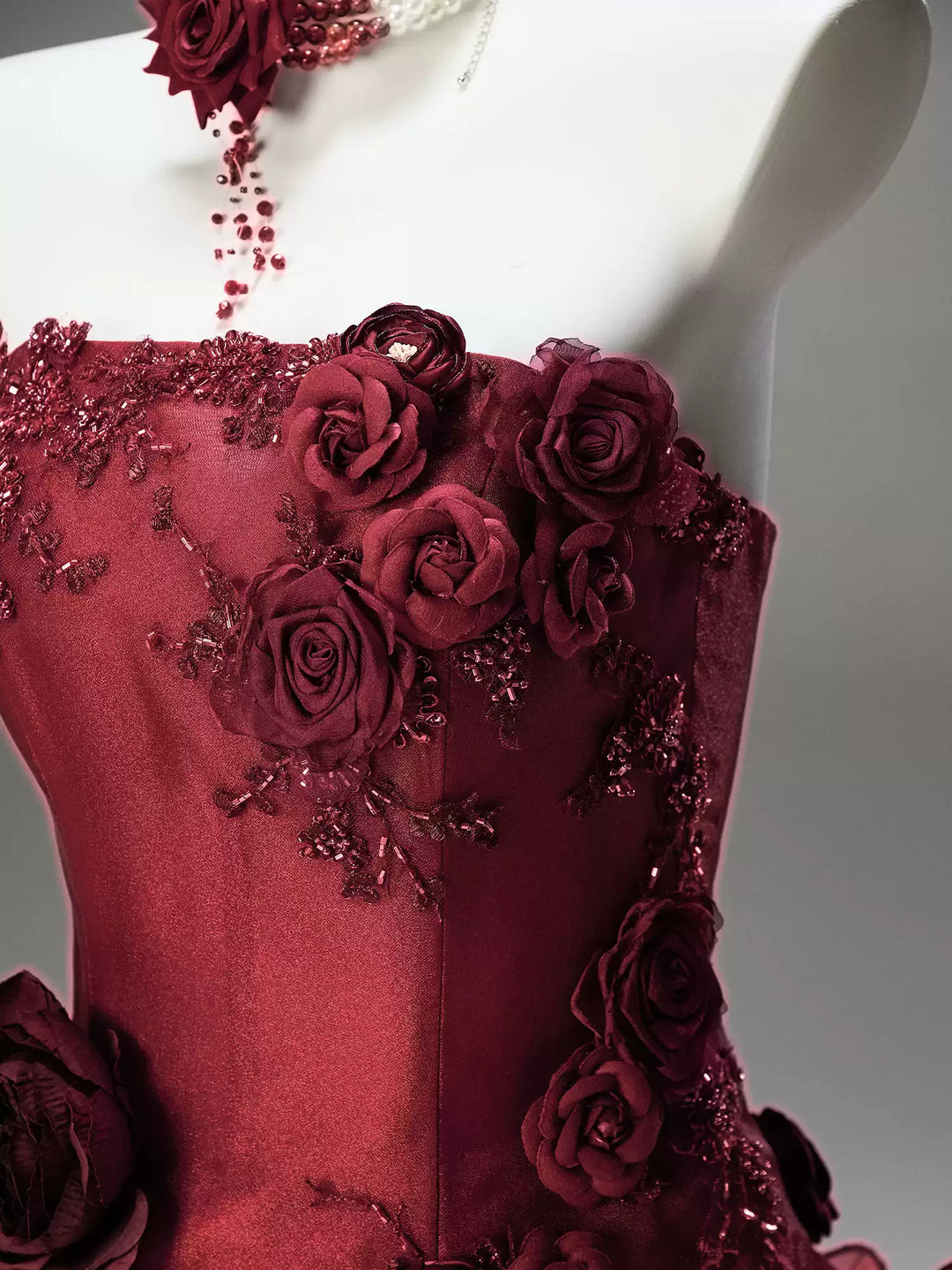 Burgundy Strapless Layered Ruffle Dress with Floral Appliqué – Floral Evening Dress with Corset Back Plus Size