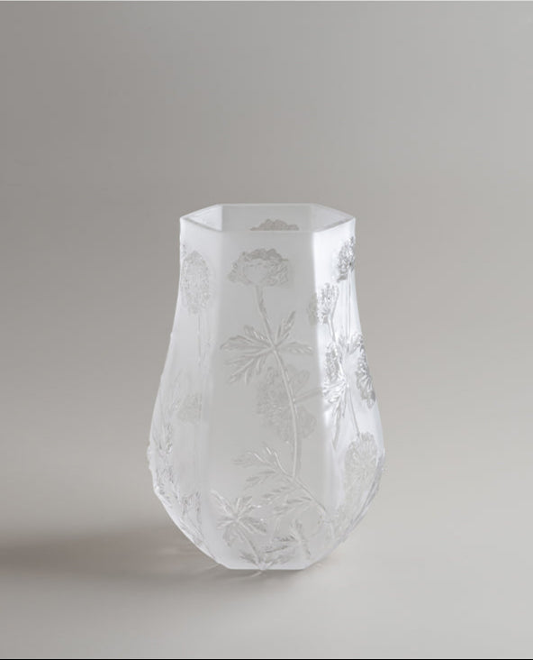 Antique French Handmade White Frosted Crystal Blown Glass Vases with Floral Relief Design