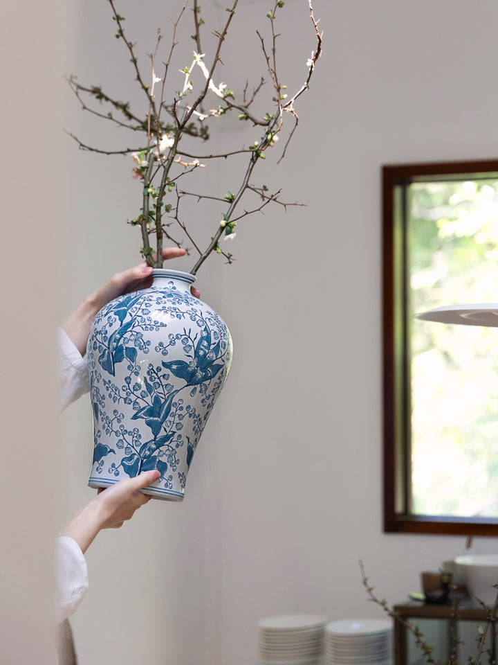 Oriental Light Blue Handcrafted Porcelain Vase and Entrance Decor with Lily of the Valley Motif