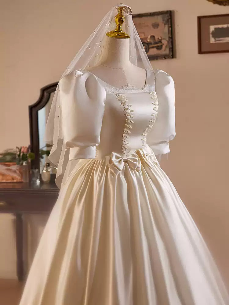 Simple Satin Wedding Dress with Corset – Lace Appliqué Wedding Dress with Bow Detail Plus Size