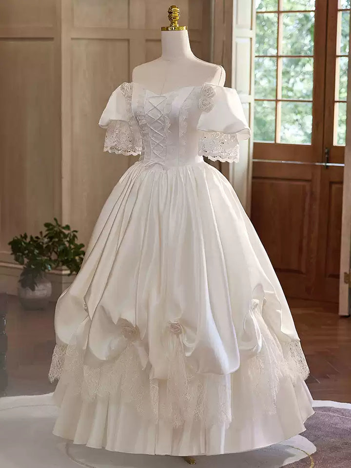 White Satin Wedding Dress with Puff Sleeve –  Lace Wedding Gown Off Shoulder with Ruched Skirt and Corset Plus Size
