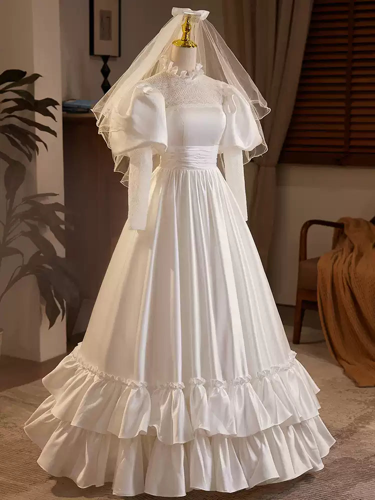 Victorian High Neck Wedding Dress with Puff Sleeves – Long Sleeves Wedding Dress with Ruffle Hem Plus Size