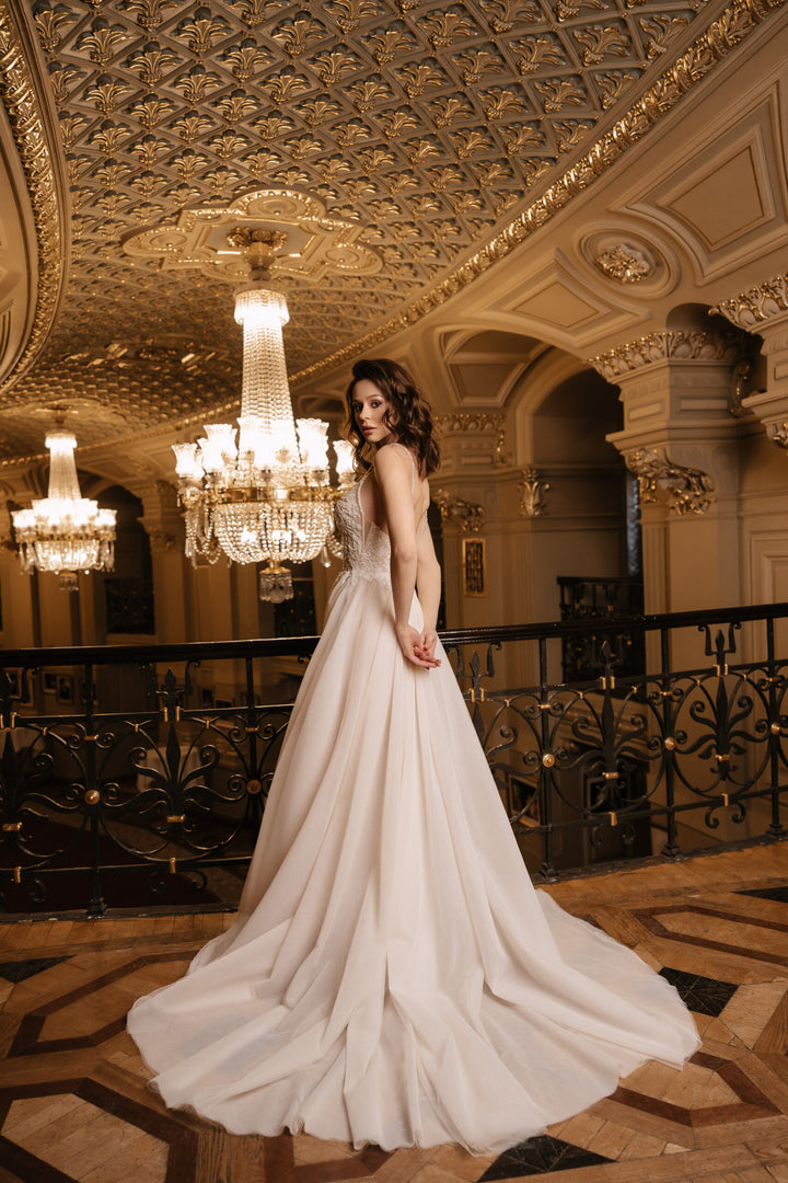 Ivory A-Line Spaghetti Strap Wedding Dress with Sequin – Tulle Wedding Dress with Corset Bodice Plus Size – JULIANA