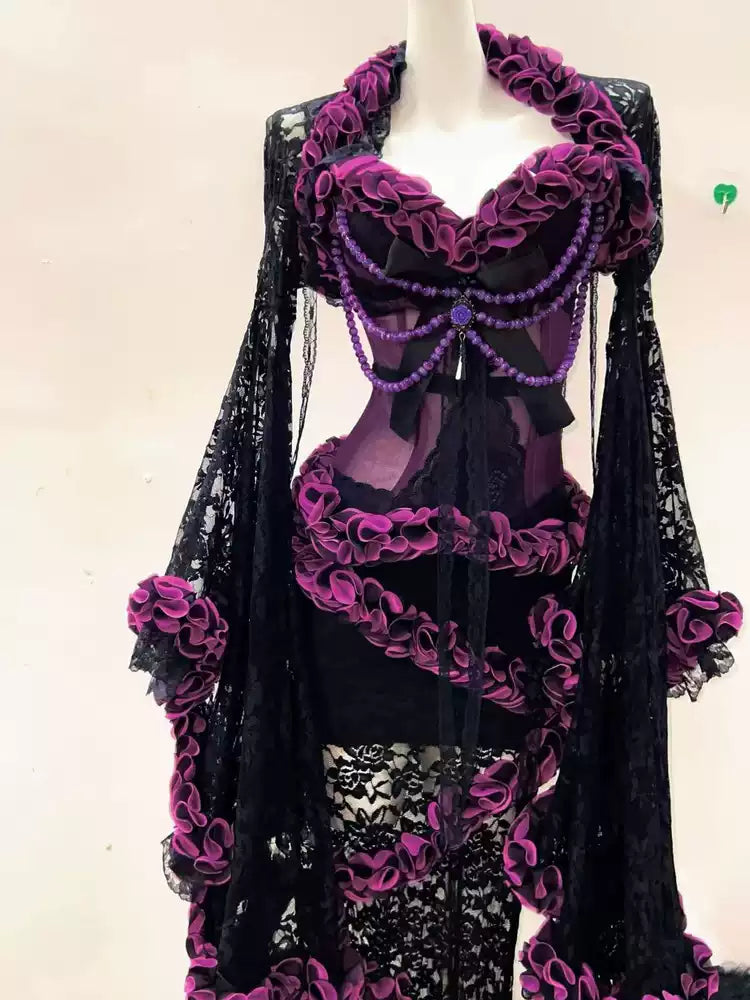 Victorian-Inspired Gothic Black and Purple Lace Corset Dress with Sheer Mermaid Skirt – Black Sexy Dress Plus Size