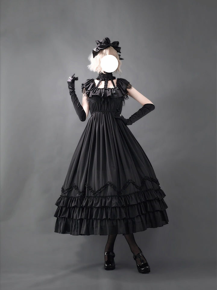 Victorian-Inspired Black Gothic Halter Ball Gown with Lace Ruffles – Lolita Dress with Off-Shoulder Design Plus Size
