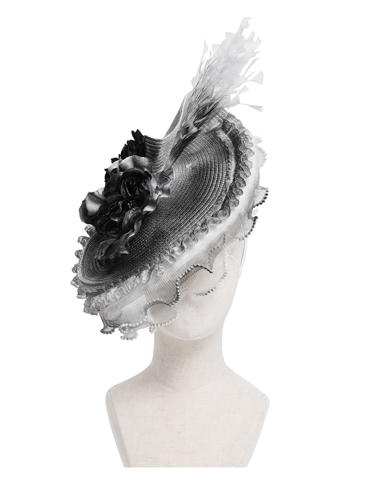 Victorian-Inspired Black and Silver Gothic Lace Fascinator Hat with Roses and Feathers