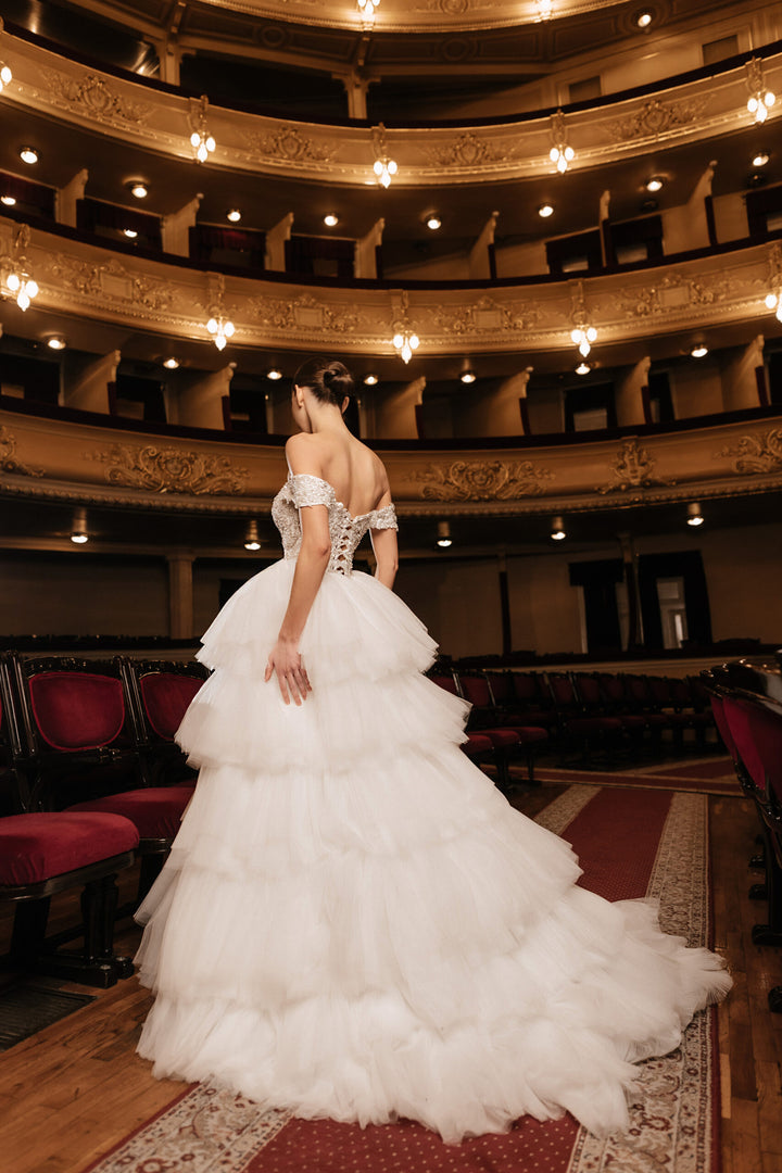 Ivory A-Line Wedding Dress with Pleated Skirt – Layered Tulle Ruffle Dress with Lace Corset Plus Size – RAFFAELLA
