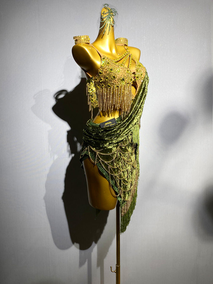 Green Handmade Salsa Dance Costumewith Velvet Drape and Gold Bead Chains – Latin Fringe Dress