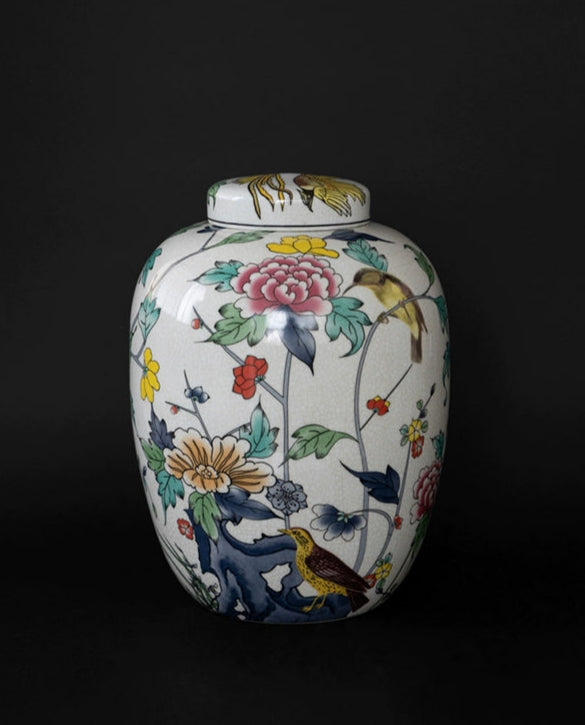 Mandarin White Handmade Famille Rose Porcelain Vase with Crackle Glaze Collectible Jar