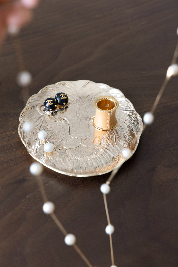 Luxury Handmade Indian Tin-Copper Alloy Lion Jewelry Dish and Catch-All Tray in Bronze Gold Finish