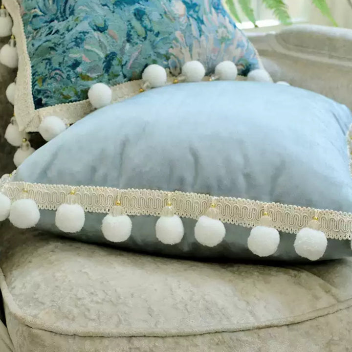 Monet’s Afternoon – Handmade Blue Velvet Cushion with Floral Tapestry and Pom Trim