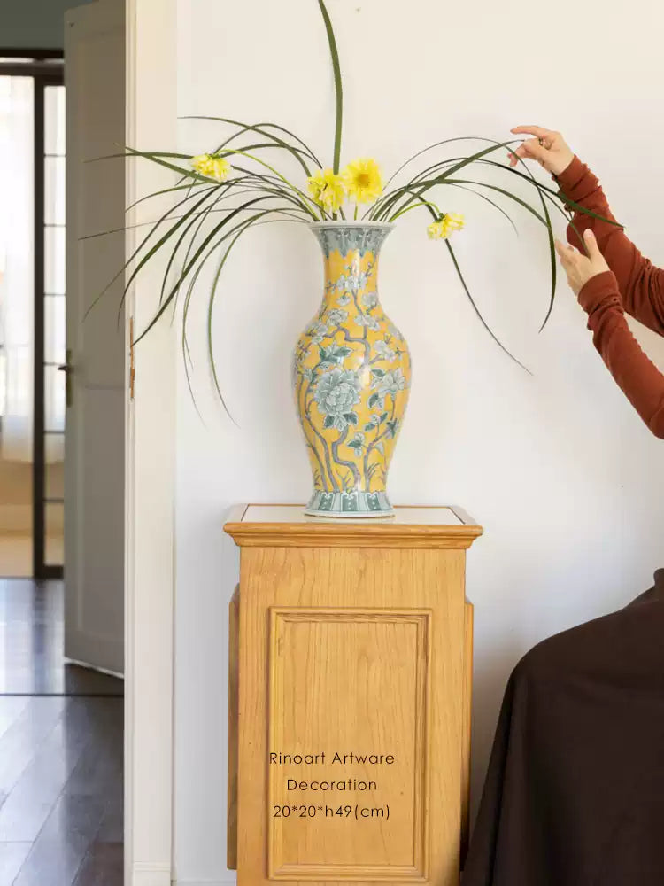 Antique European Imported Handmade Yellow Porcelain Vase with Hand-Painted Floral Motifs