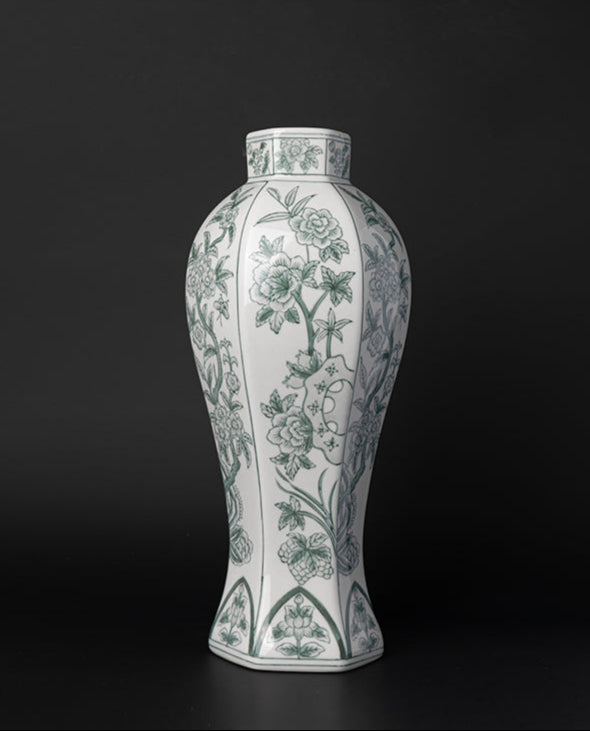 Mandarin Handmade Green and White Porcelain Vase with Hand-Painted Celadon Floral Motifs