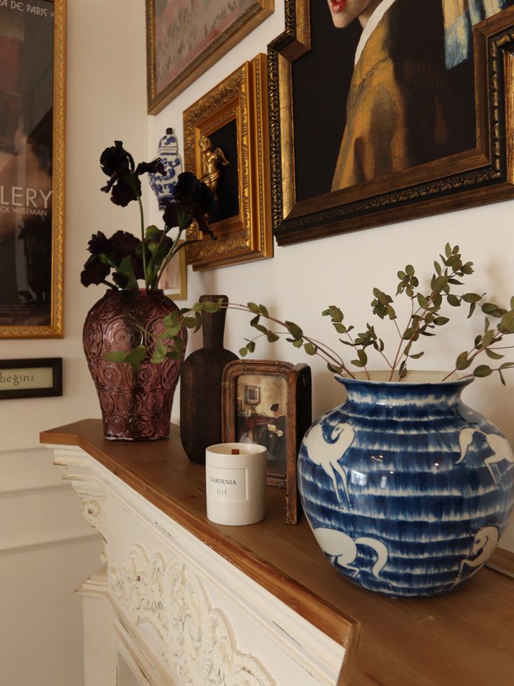 Oriental Handmdae Grisaille Blue and White Porcelain Jar with Hand-Painted White Horse Motif