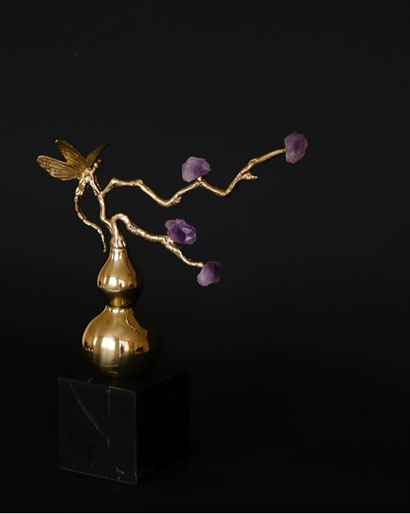 Oriental Handcrafted Golden Decorative Gourds with Amethyst Branch and Dragonfly Accent
