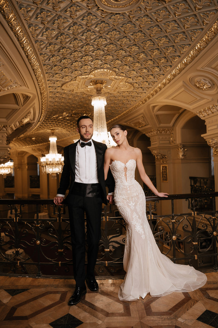 Ivory Lace Mermaid Style Wedding Gown with Cape – Sequin Wedding Dress with Sleeveless and Corset Plus Size – GABRIELLE