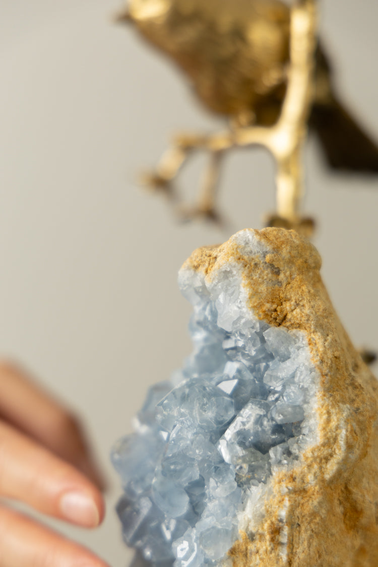 Oriental Handcrafted Golden Brass and Blue Crystal Bird Sculpture on Marble Base