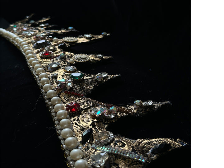 Vintage-Inspired Handmade Baroque Gold Crown with Multicolor Gems and Pearls – Adjustable Royal Crown for Masquerade