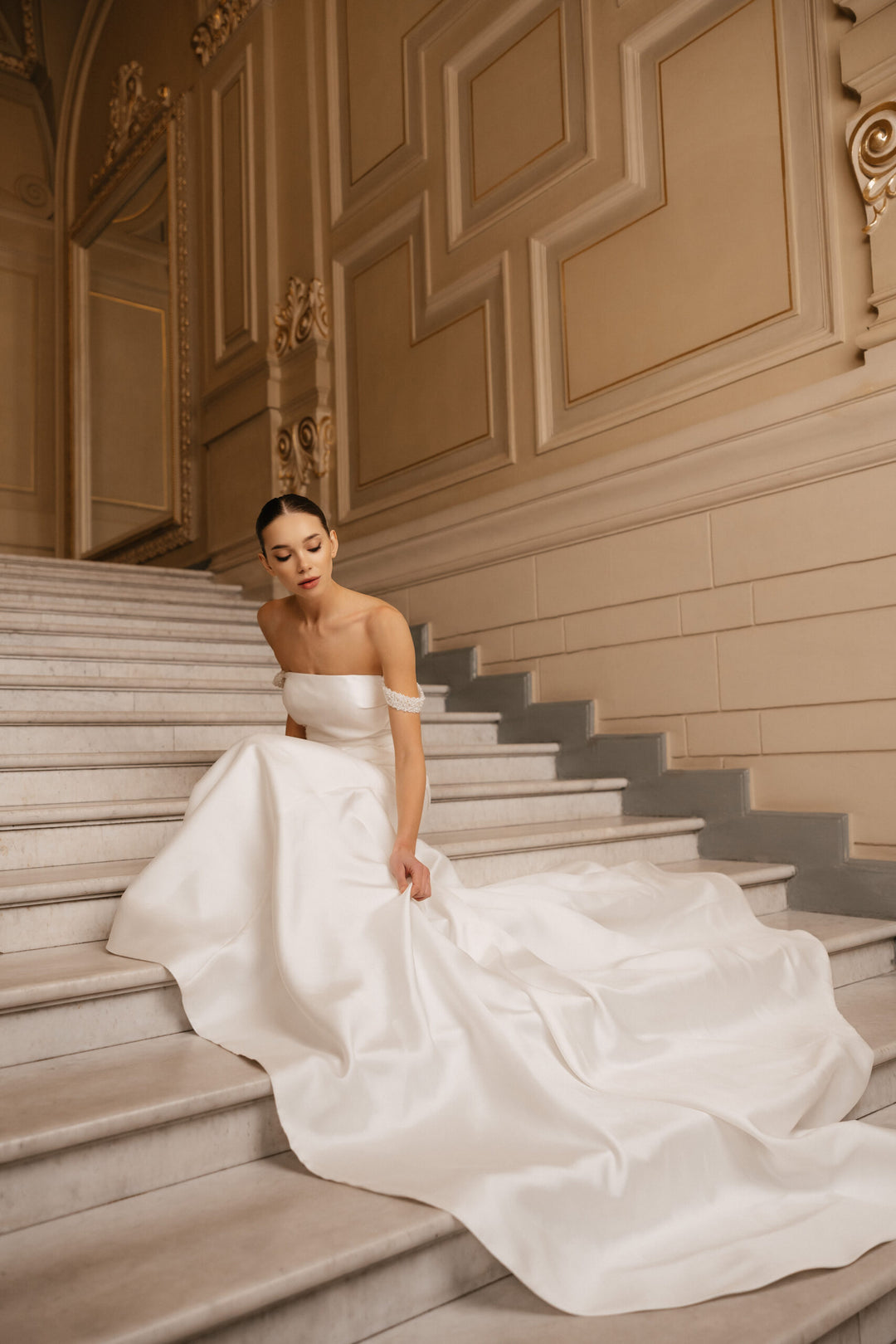 Ivory Satin Wedding Dress with Removable Train - Sleeveless Mermaid Wedding Dress with Pearl Straps Plus Size - ZOWIE