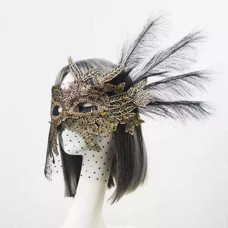 Vintage-Inspired Handmade Gold Masquerade Mask –  Venetian Feather Mask Masquerade with Lace
