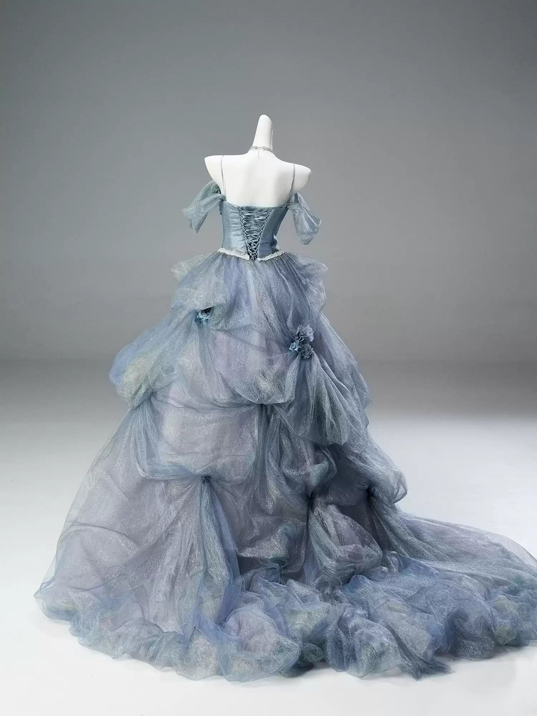 Dusty Blue Off-Shoulder Layered Tulle Ruffle Dress with Floral Appliqué – Floral Evening Dress with Corset Back Plus Size