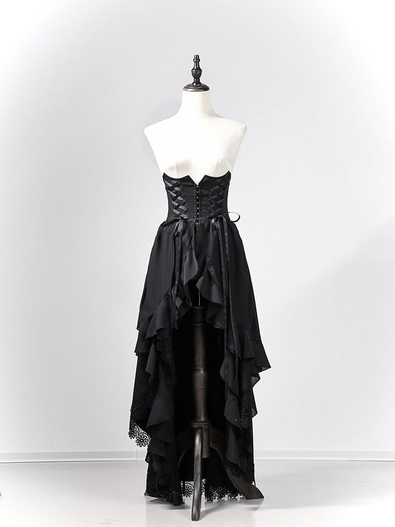 Victorian-Inspired Gothic Black Lace High Neck Ball Gown with Tiered Ruffled Skirt – Corset Back Evening Dress Plus Size