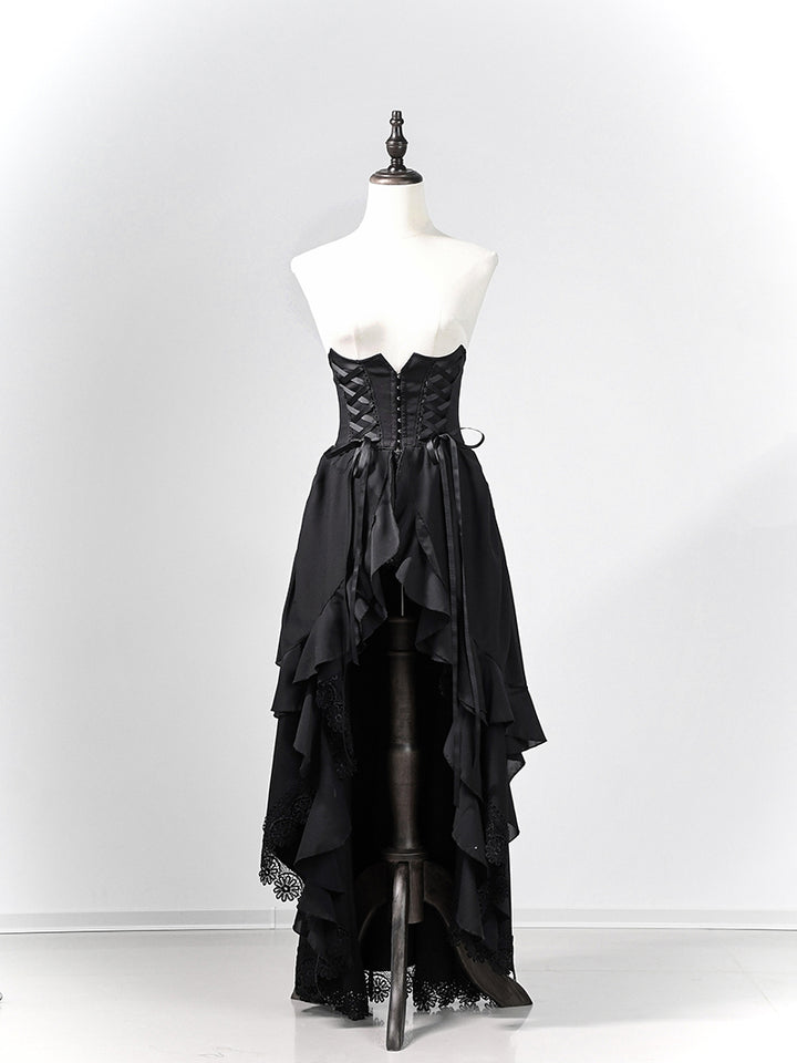 Victorian-Inspired Gothic Black Lace High Neck Ball Gown with Tiered Ruffled Skirt – Corset Back Evening Dress Plus Size