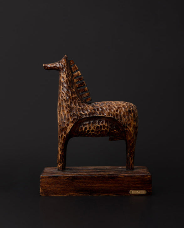 Medieval Handmade African Brown Wooden Horse Sculpture with Textured Carving France Import