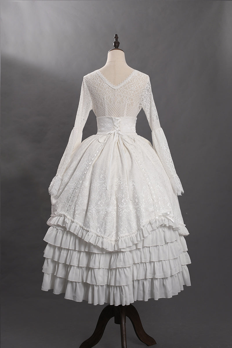 Victorian-Inspired White Lace Corset Dress with Bell Sleeves – Layered Ruffle High-Low Bridal Gown Plus Size