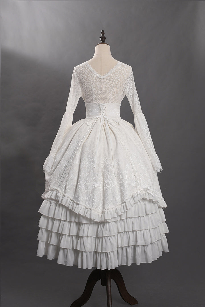 Victorian-Inspired White Lace Corset Dress with Bell Sleeves – Layered Ruffle High-Low Bridal Gown Plus Size