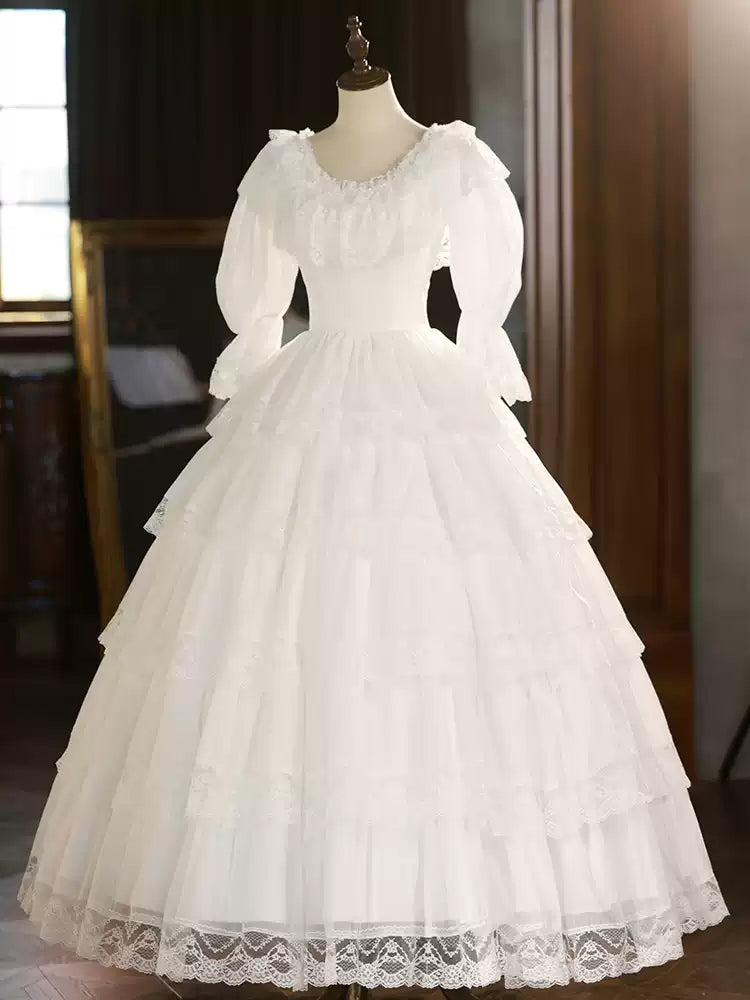 Lace Wedding Dress with Long Sleeves and Corset – Ruffle Layered Wedding Dress with Puff Sleeves Plus Size