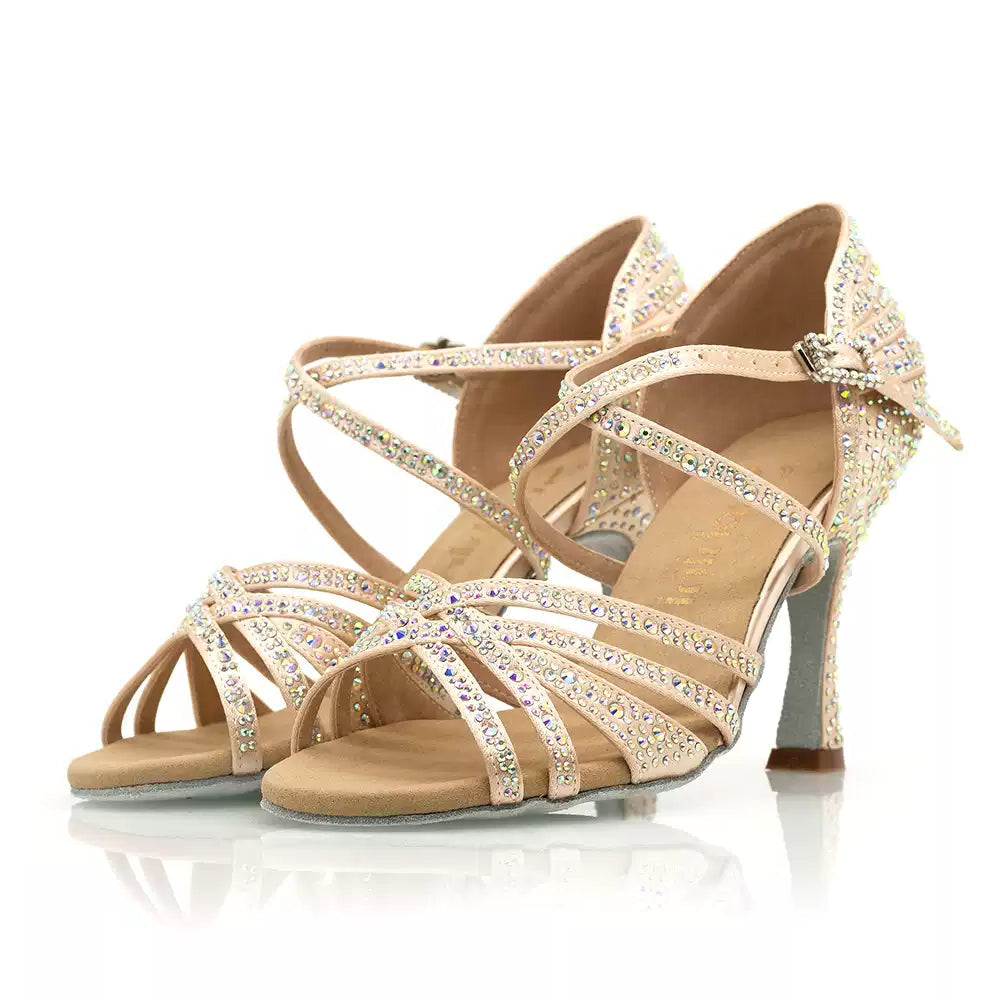 Golden Hour – Handmade Silk Glitter Salsa Dance Heels in Deep Nude