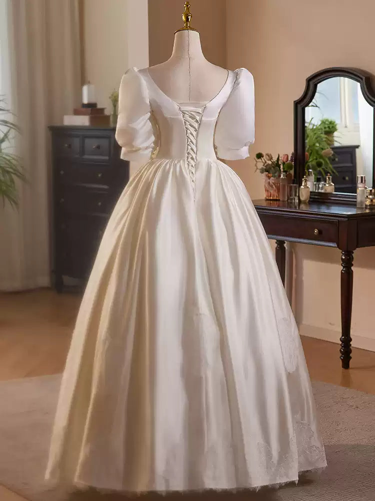 Simple Satin Wedding Dress with Corset – Lace Appliqué Wedding Dress with Bow Detail Plus Size