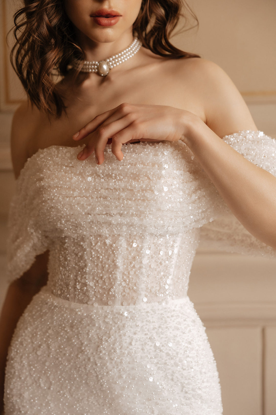 Ivory Mermaid Wedding Dress with Removable Sleeves – Sparkly Wedding Dress with Sleeves and Corset Plus Size – JOSIE