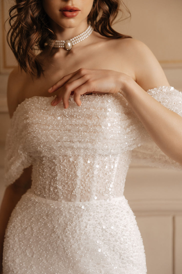 Ivory Mermaid Wedding Dress with Removable Sleeves – Sparkly Wedding Dress with Sleeves and Corset Plus Size – JOSIE