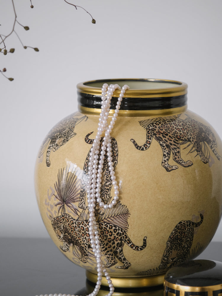 Vintage-Inspired Handmade French Painted Ceramic Leopard Vase
