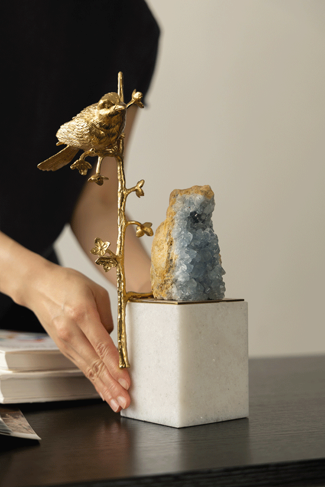 Oriental Handcrafted Golden Brass and Blue Crystal Bird Sculpture on Marble Base