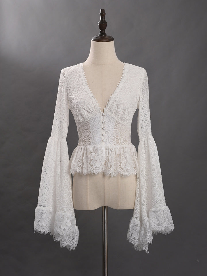 Victorian-Inspired White Lace Corset Dress with Bell Sleeves – Layered Ruffle High-Low Bridal Gown Plus Size
