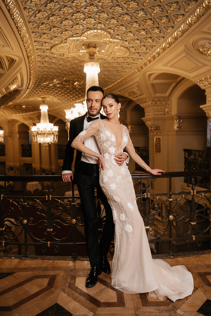 Ivory Mermaid Wedding Dress with Sheer Sleeves – Long Sleeve Sequin Wedding Dress with Deep V Neckline Plus Size – CLAUDIA