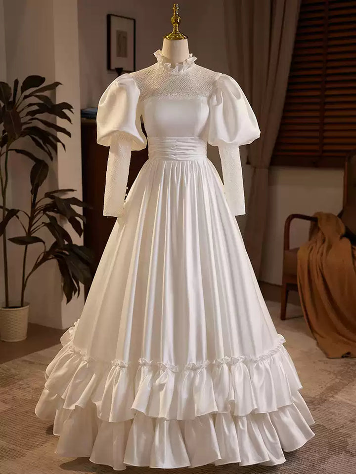 Victorian High Neck Wedding Dress with Puff Sleeves – Long Sleeves Wedding Dress with Ruffle Hem Plus Size