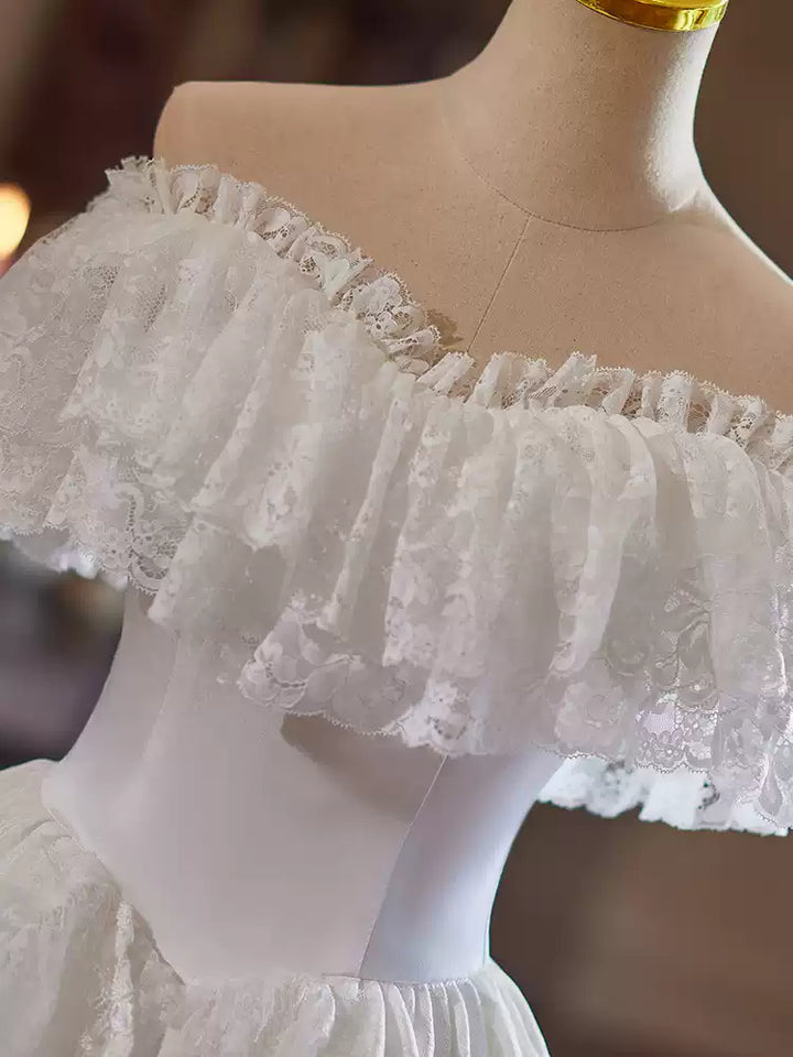Off the Shoulder Wedding Dress with Ruffle Sleeves and Lace - Tiered Wedding Dress with Corset Back Plus Size