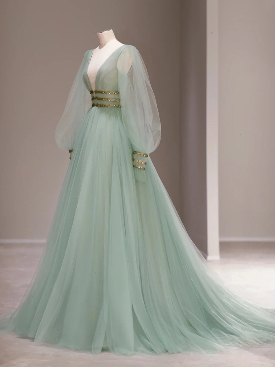 Fairy Sage Green Long Sleeves Evening Dress with V-Neck and Tulle – A-Line Evening Dress with Gold Plus Size