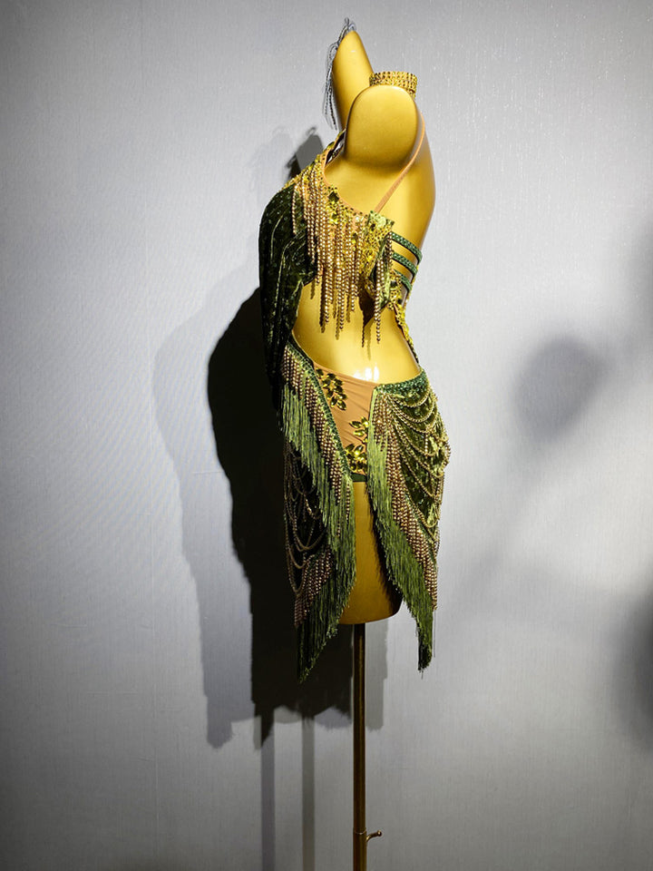 Green Handmade Salsa Dance Costumewith Velvet Drape and Gold Bead Chains – Latin Fringe Dress
