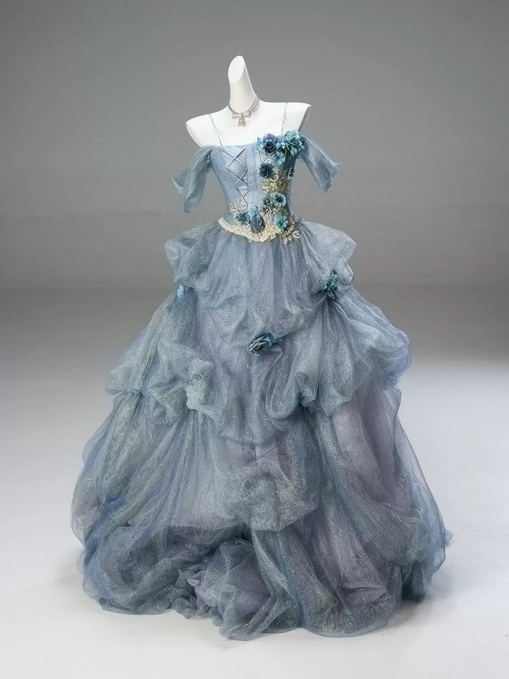 Dusty Blue Off-Shoulder Layered Tulle Ruffle Dress with Floral Appliqué – Floral Evening Dress with Corset Back Plus Size
