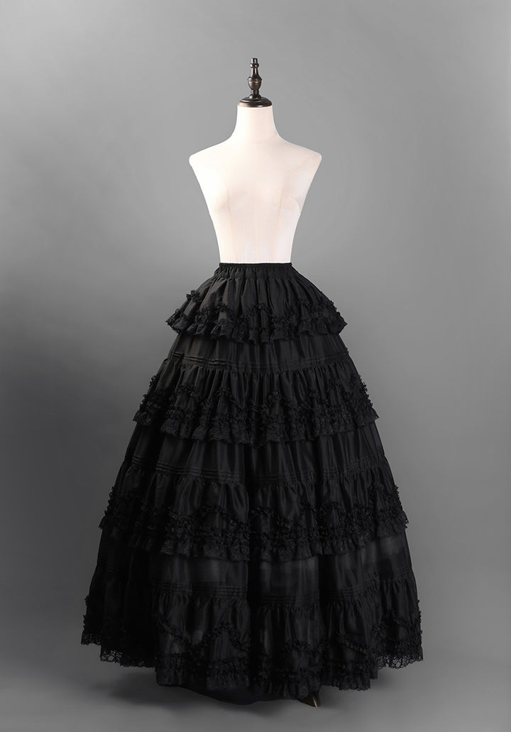 Victorian-Inspired Black and White Gothic Lolita Ball Gown with Tiered Ruffles – Tencel Organza Dress with Lace Trim Plus Size