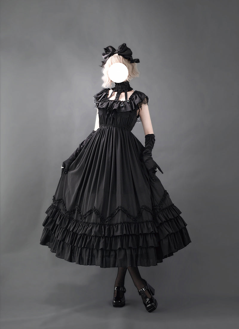 Victorian-Inspired Black Gothic Halter Ball Gown with Lace Ruffles – Lolita Dress with Off-Shoulder Design Plus Size