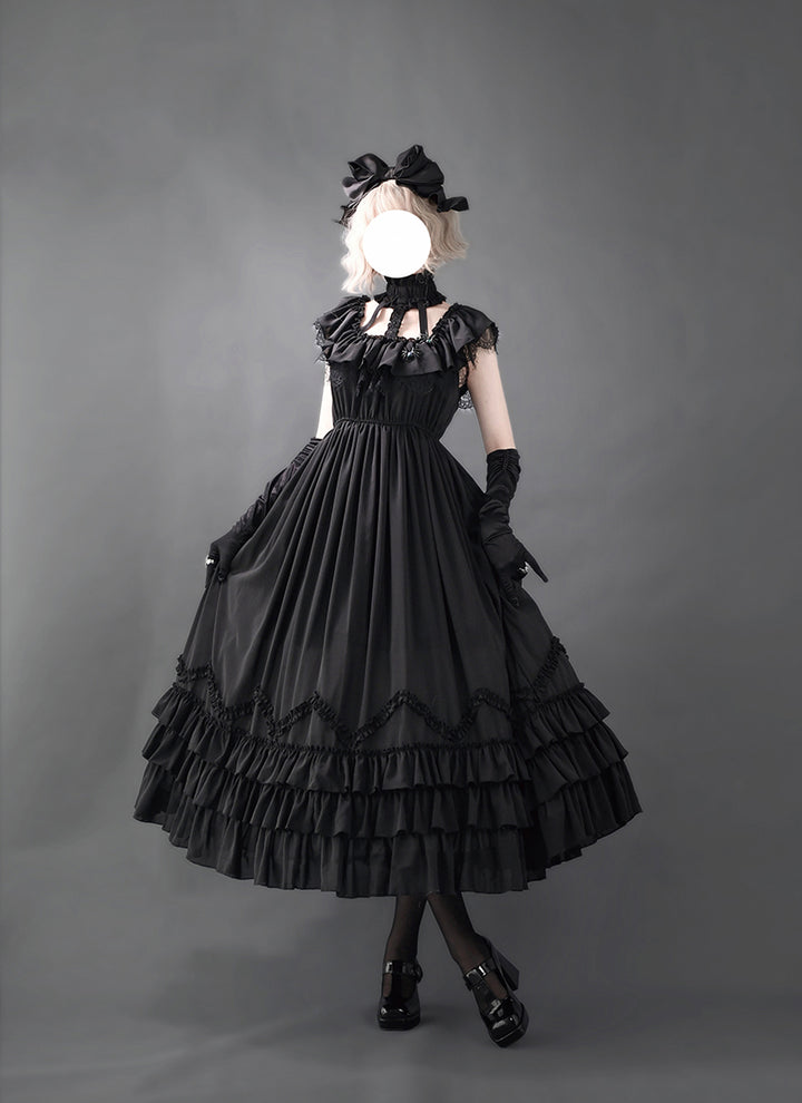 Victorian-Inspired Black Gothic Halter Ball Gown with Lace Ruffles – Lolita Dress with Off-Shoulder Design Plus Size