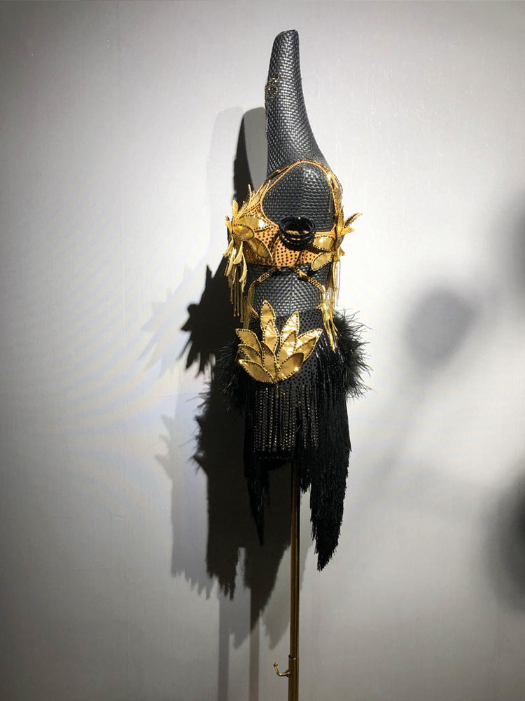 Gold and Black Salsa Dance Dress with Feather Trim and Handmade Floral Appliqué – Latin Dance Costumes